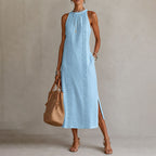 Renee - Women's Lace Panel Halter Midi Dress