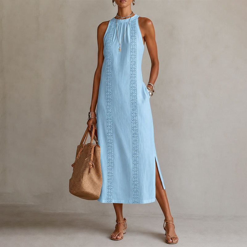 Renee - Women's Lace Panel Halter Midi Dress