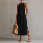 Renee - Women's Lace Panel Halter Midi Dress