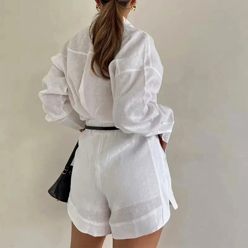 Rose - Women's High-Waist Shorts and Cuffed Shirt Ensemble