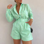 Rose - Women's High-Waist Shorts and Cuffed Shirt Ensemble