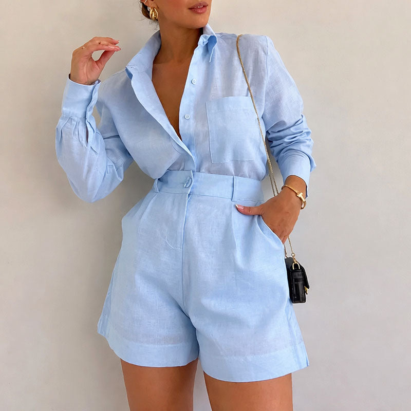 Rose - Women's High-Waist Shorts and Cuffed Shirt Ensemble