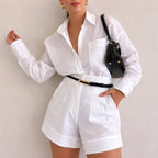 Rose - Women's High-Waist Shorts and Cuffed Shirt Ensemble