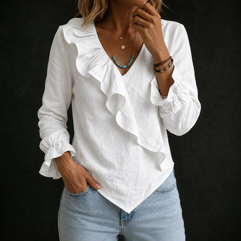 Sabrina - Women's Linen-Look Ruffle Wrap Blouse
