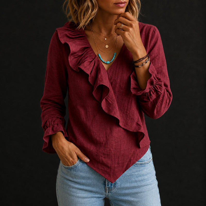 Sabrina - Women's Linen-Look Ruffle Wrap Blouse