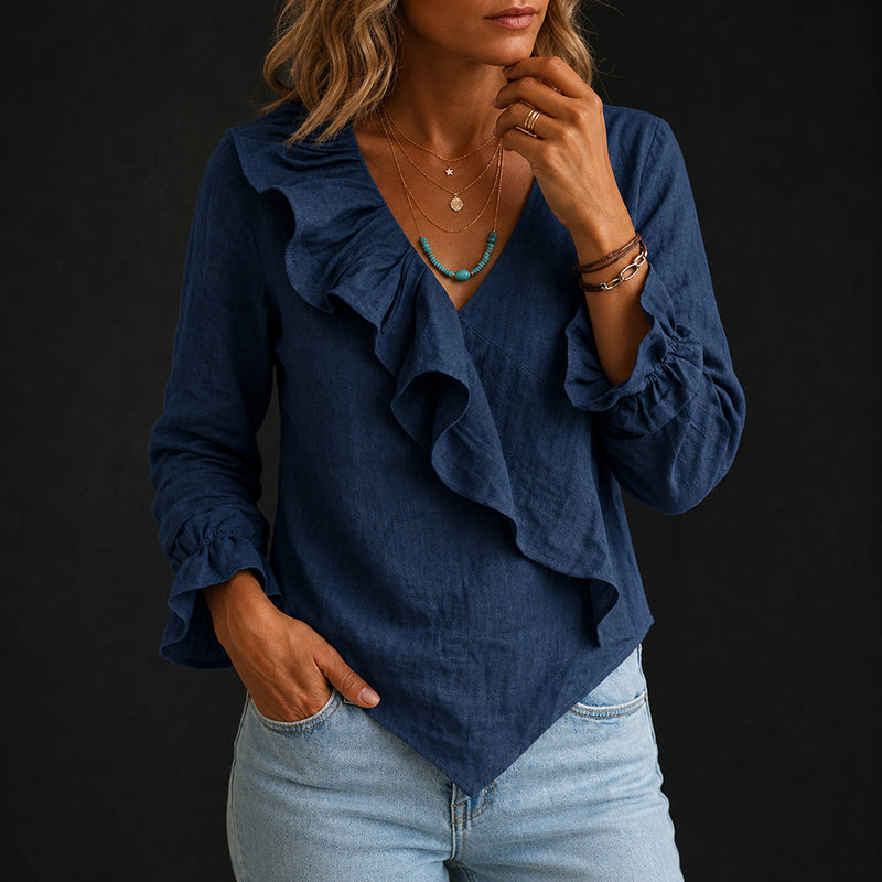 Sabrina - Women's Linen-Look Ruffle Wrap Blouse