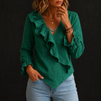 Sabrina - Women's Linen-Look Ruffle Wrap Blouse