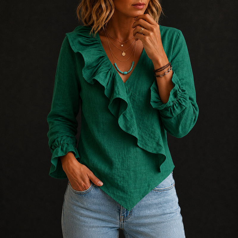 Sabrina - Women's Linen-Look Ruffle Wrap Blouse