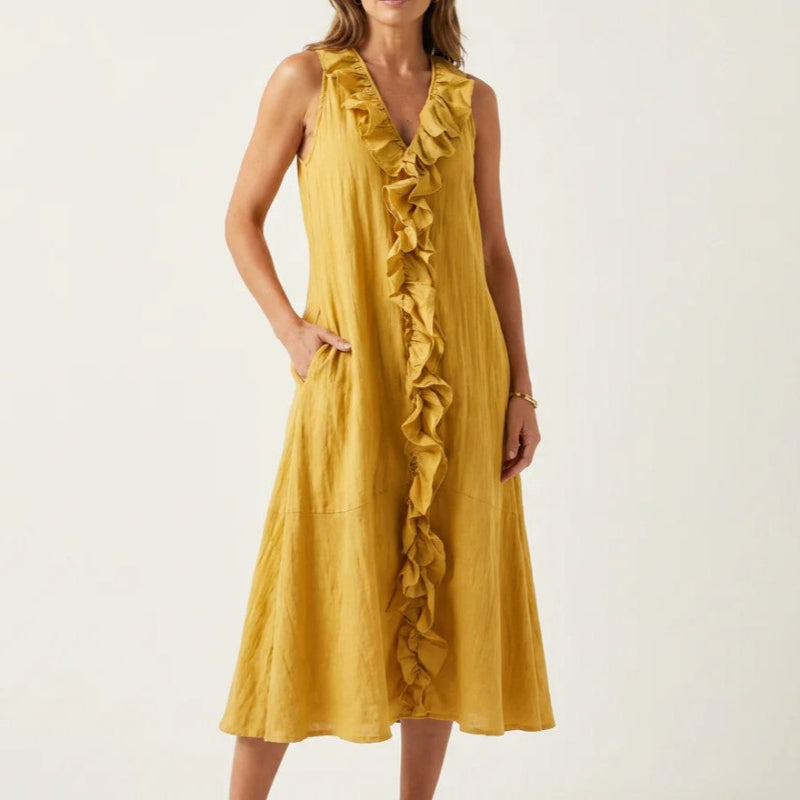 Seraphina - Women's Sleeveless Linen Ruffle Midi Dress