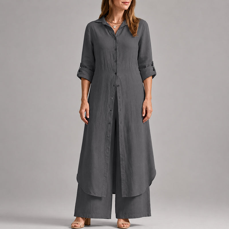 Serena - Women's Linen Button-Front Layered Maxi Set