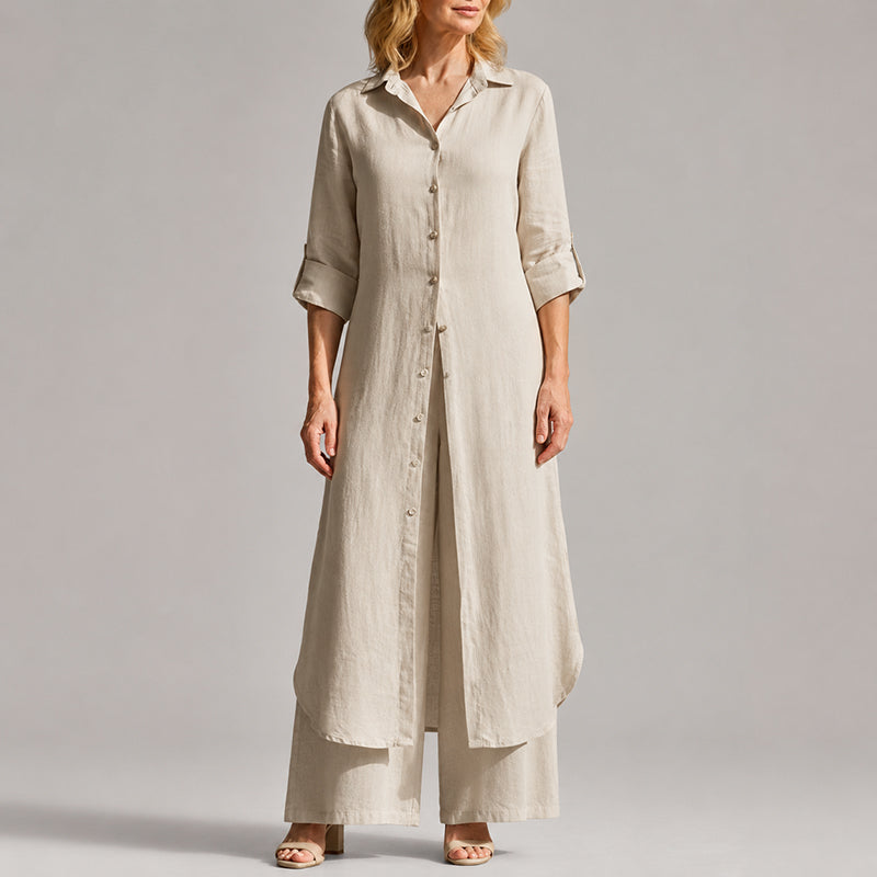 Serena - Women's Linen Button-Front Layered Maxi Set
