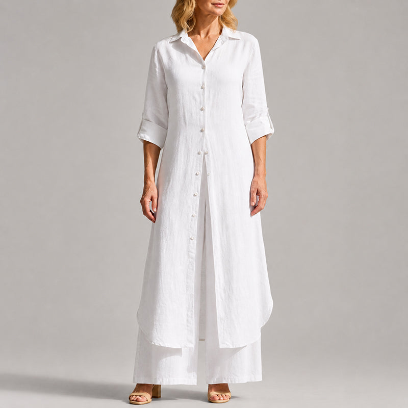 Serena - Women's Linen Button-Front Layered Maxi Set