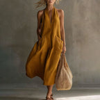 Sophie - Women's Linen Halter Neck Midi Dress