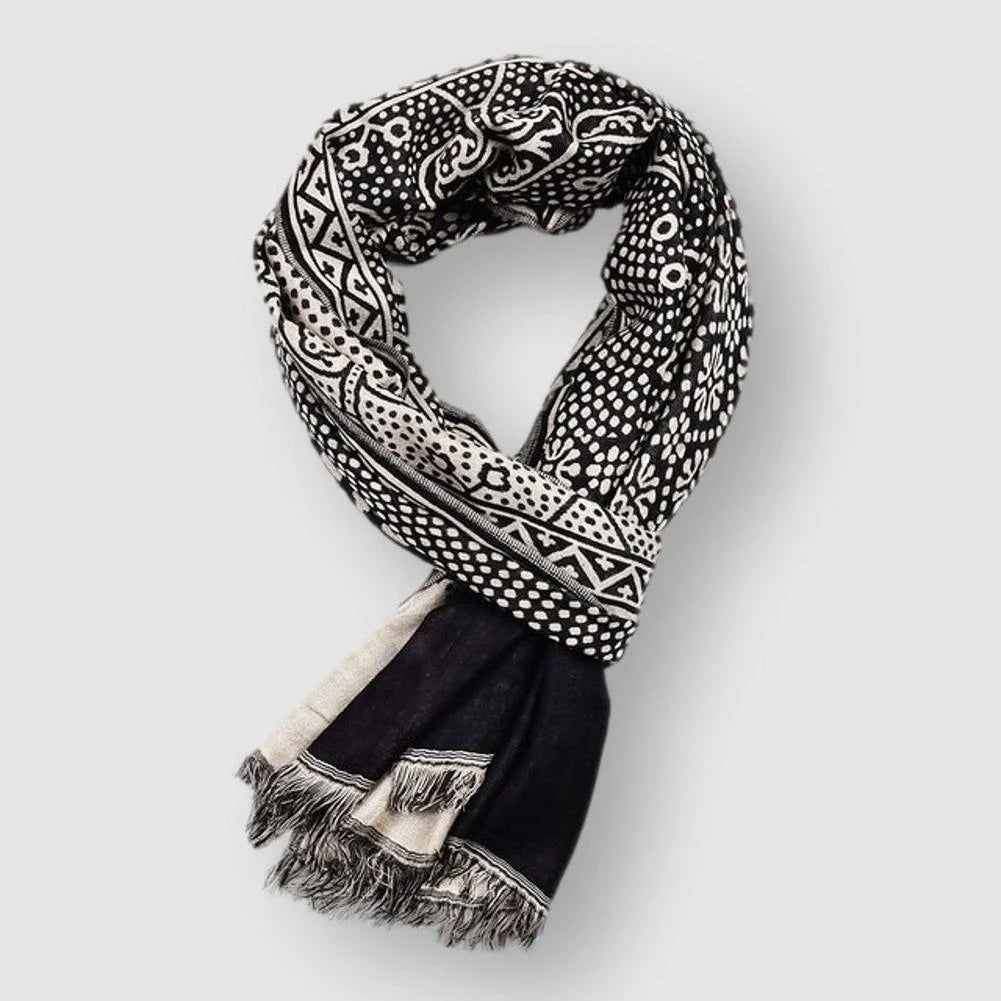Tahoe -  Patterned Rectangular Scarf with Fringe Trim