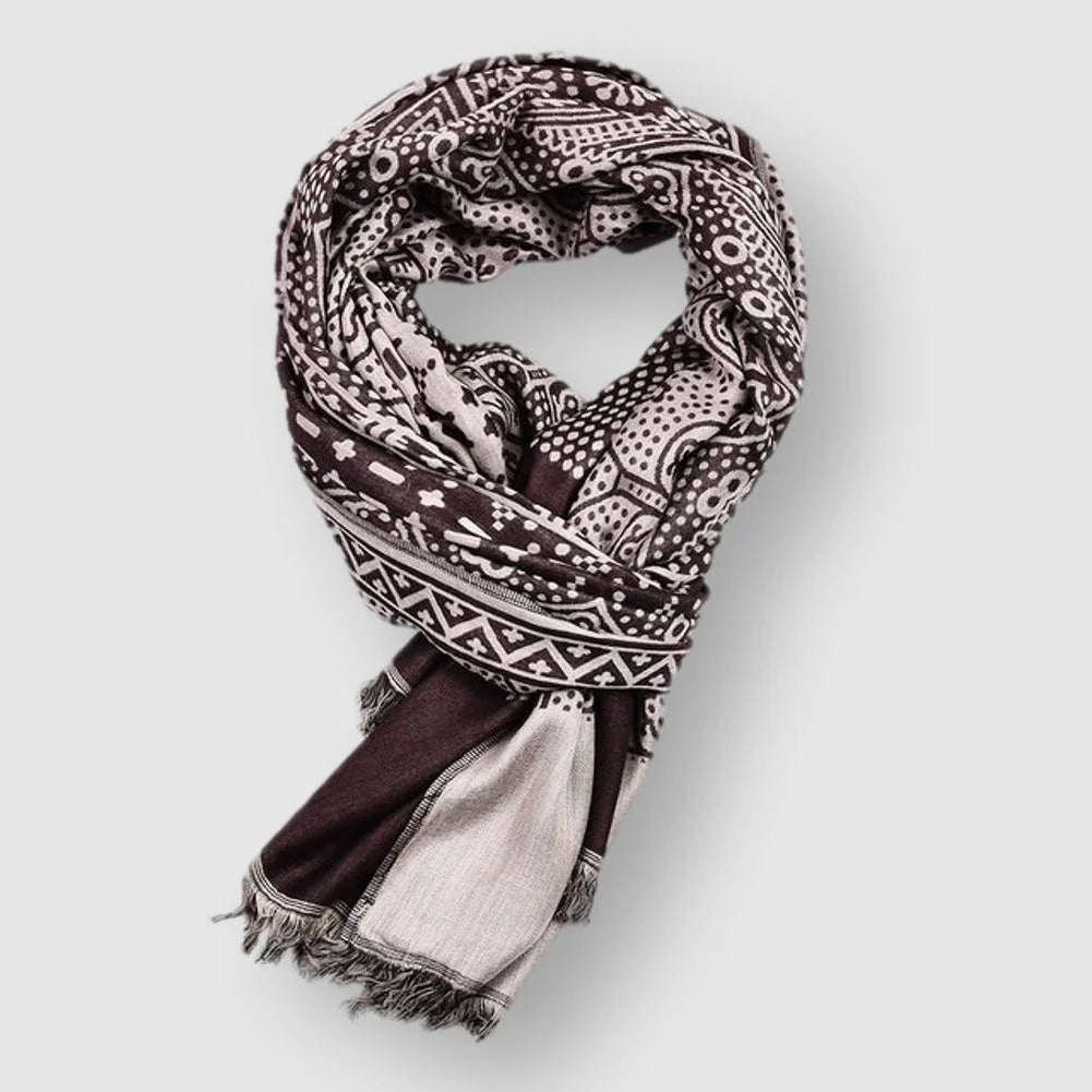Tahoe -  Patterned Rectangular Scarf with Fringe Trim