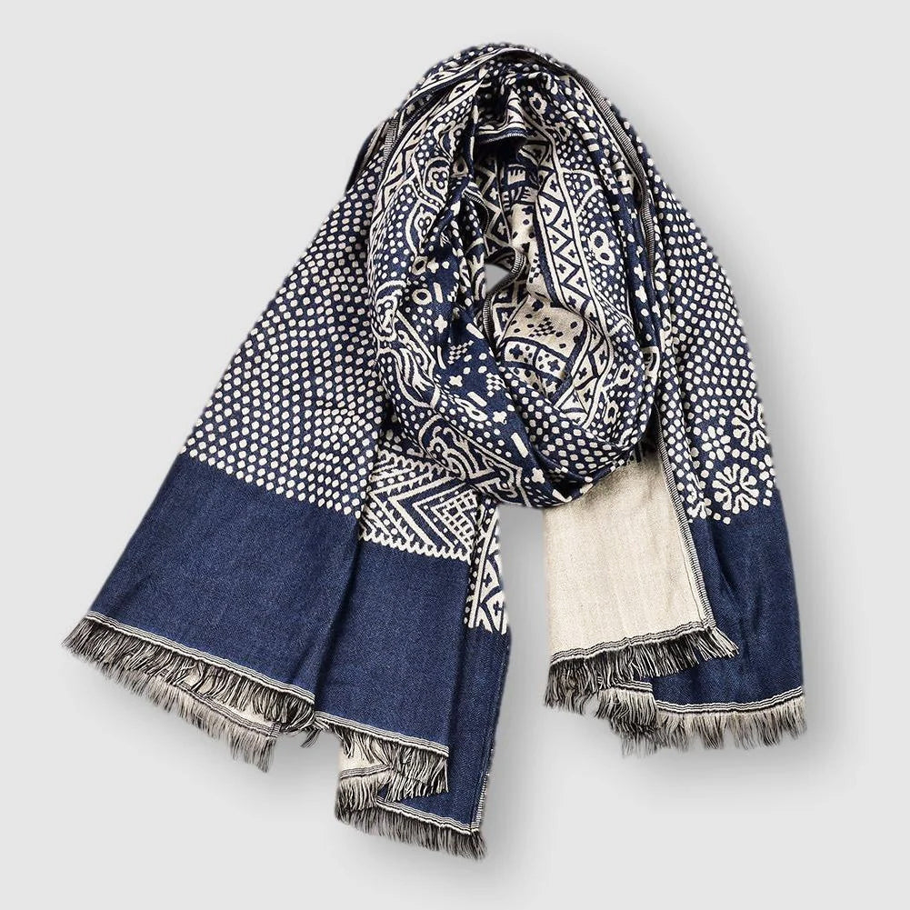 Tahoe -  Patterned Rectangular Scarf with Fringe Trim