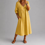 Sheila - Women's Linen-Look V-Neck Midi Dress