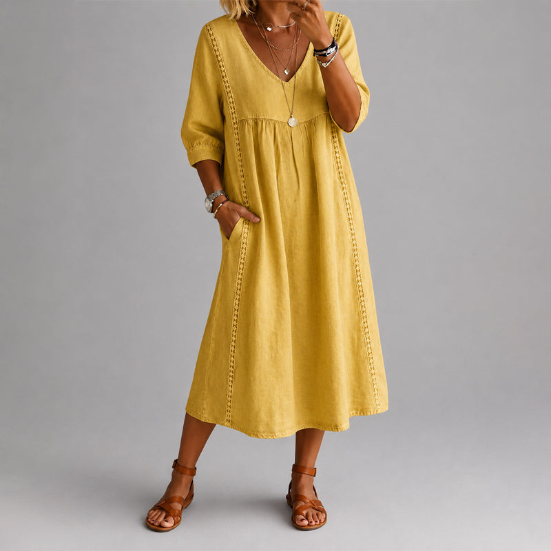 Sheila - Women's Linen-Look V-Neck Midi Dress