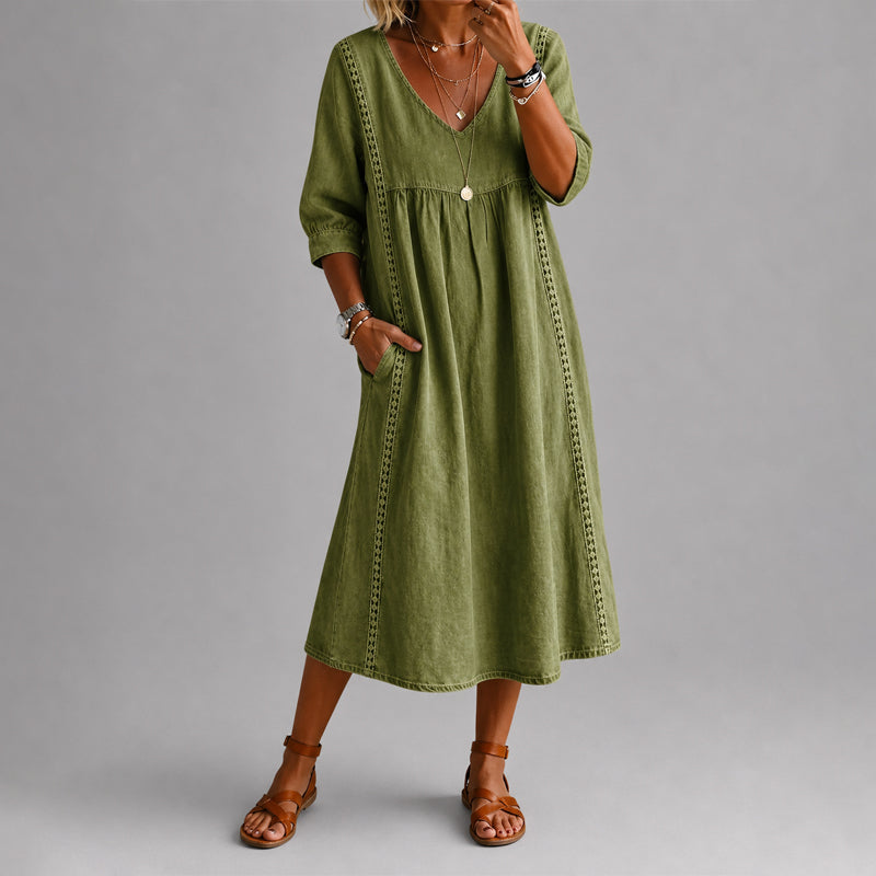 Sheila - Women's Linen-Look V-Neck Midi Dress