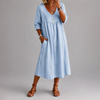 Sheila - Women's Linen-Look V-Neck Midi Dress