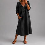 Sheila - Women's Linen-Look V-Neck Midi Dress