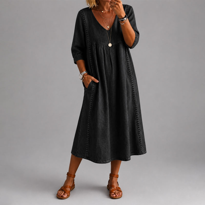 Sheila - Women's Linen-Look V-Neck Midi Dress