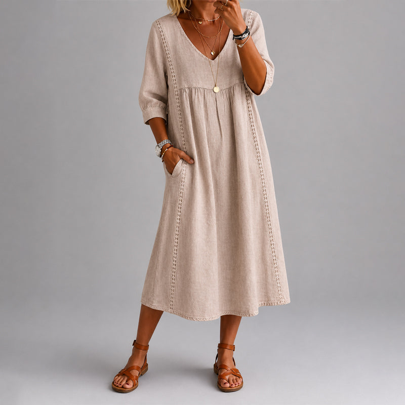 Sheila - Women's Linen-Look V-Neck Midi Dress