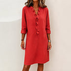Talia - Women's Ruffle Neck Relaxed Midi Dress