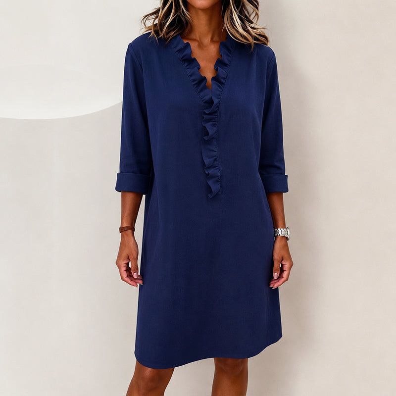 Talia - Women's Ruffle Neck Relaxed Midi Dress