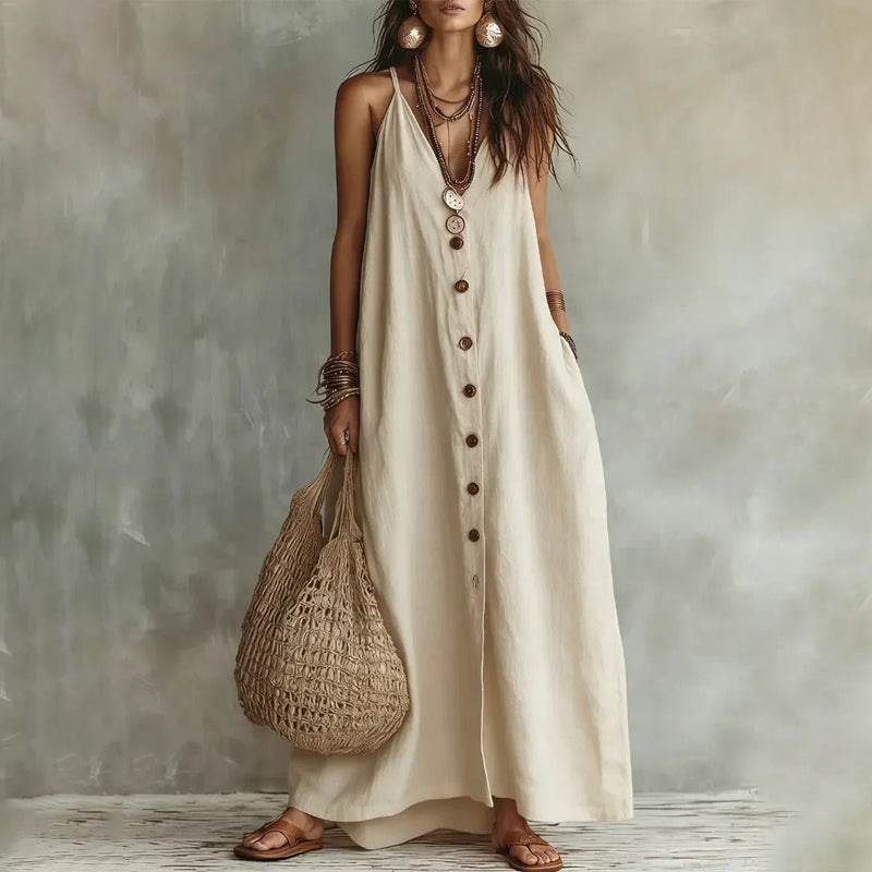 Tiffany - Women's Linen-Look Button-Front Maxi Dress