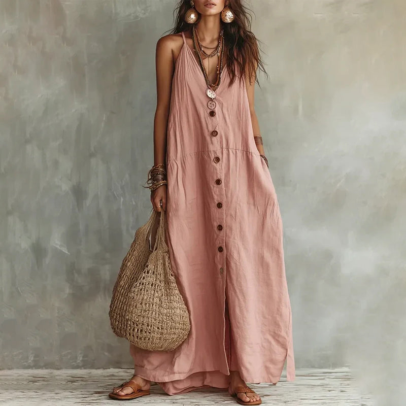 Tiffany - Women's Linen-Look Button-Front Maxi Dress