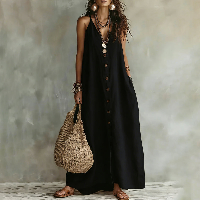 Tiffany - Women's Linen-Look Button-Front Maxi Dress