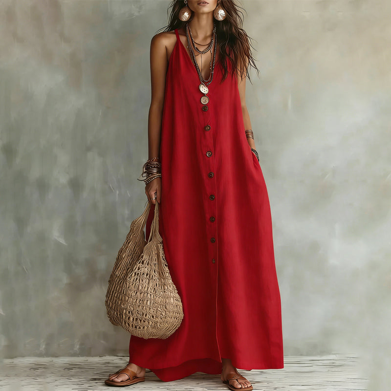 Tiffany - Women's Linen-Look Button-Front Maxi Dress