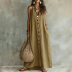 Tiffany - Women's Linen-Look Button-Front Maxi Dress