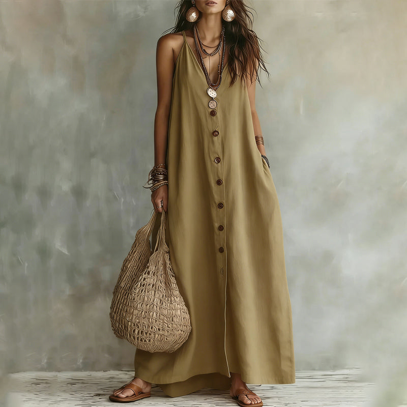 Tiffany - Women's Linen-Look Button-Front Maxi Dress