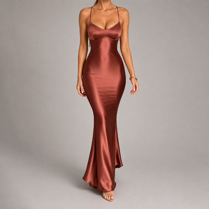 Veronica - Women's Satin-Effect Strappy Maxi Dress