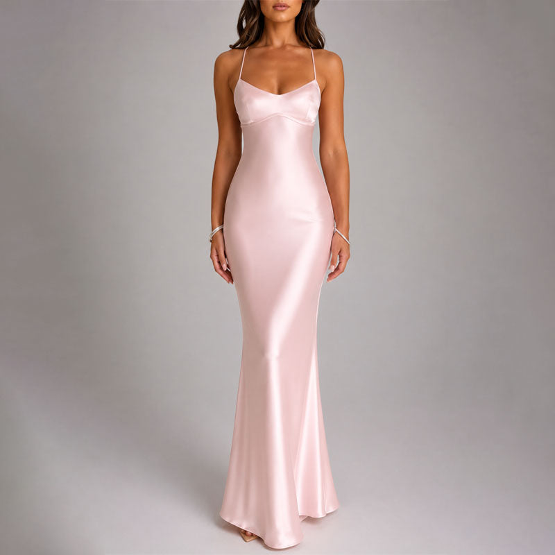 Veronica - Women's Satin-Effect Strappy Maxi Dress