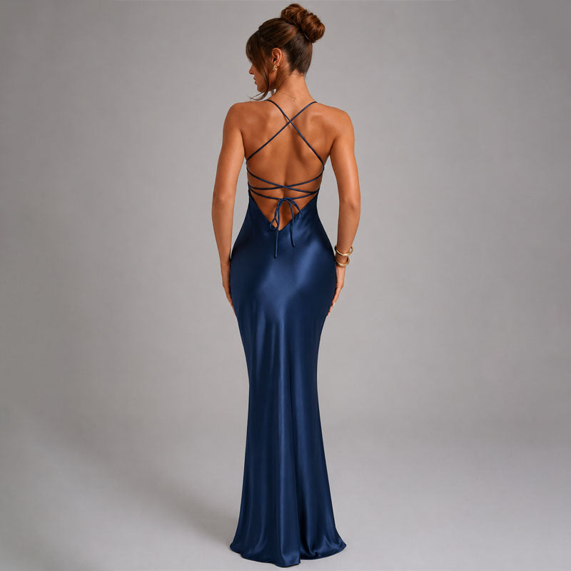 Veronica - Women's Satin-Effect Strappy Maxi Dress