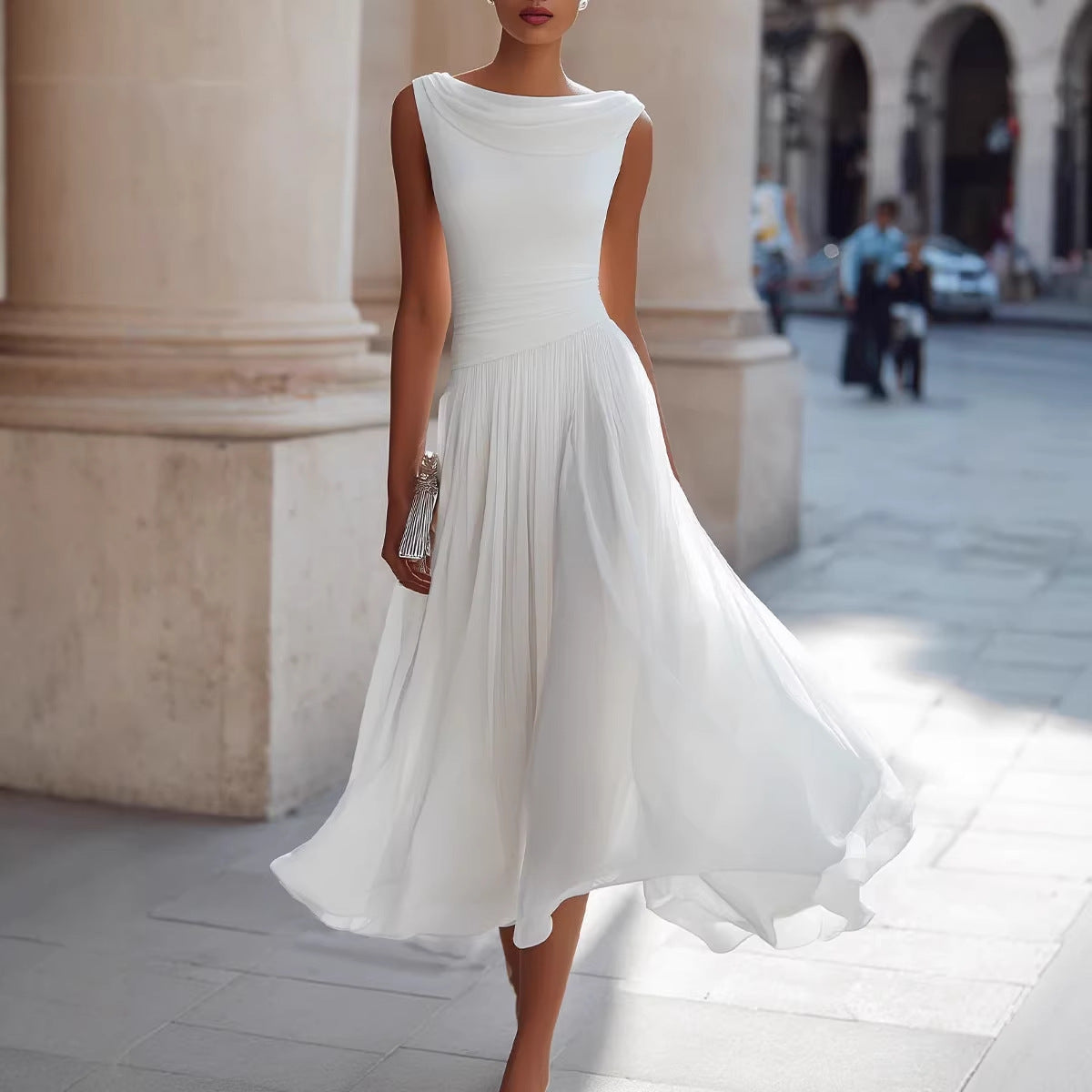 Victoria - Women's Pleated Sleeveless Midi Dress