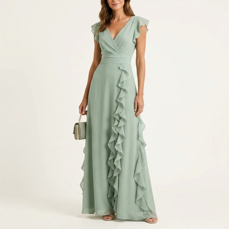 Vivian - Women's Ruffle Wrap V-Neck Maxi Dress