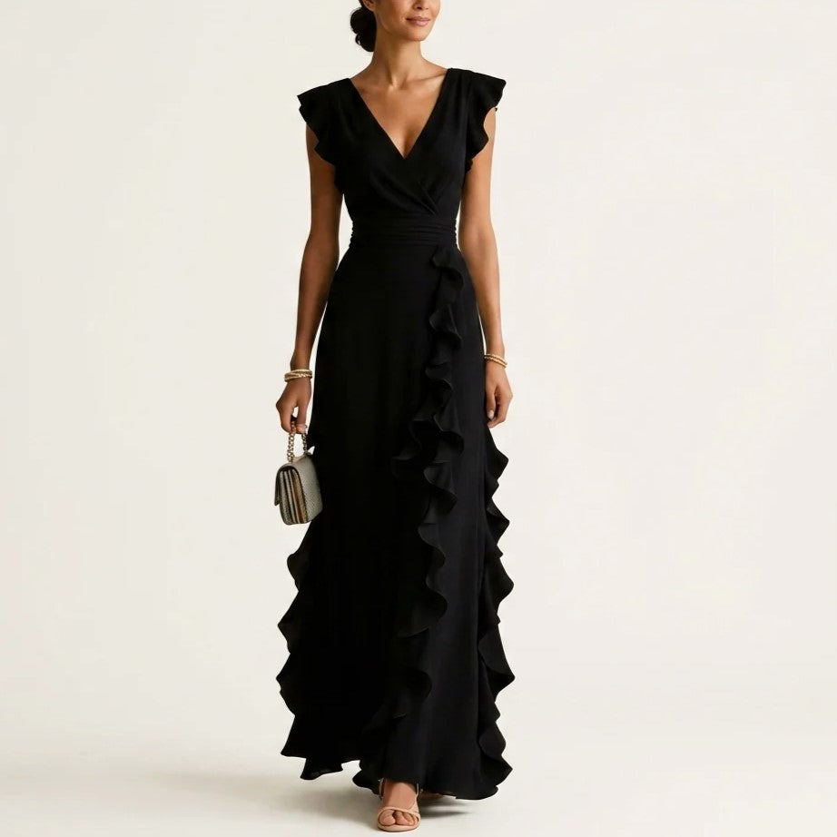 Vivian - Women's Ruffle Wrap V-Neck Maxi Dress