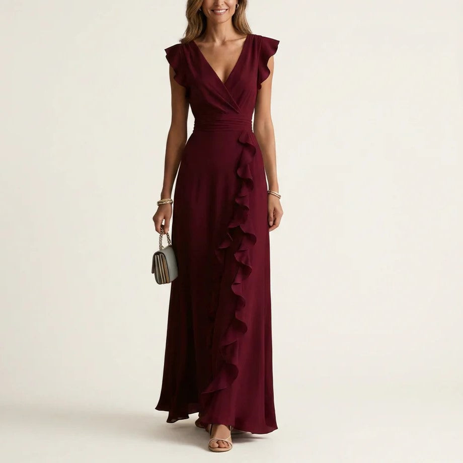 Vivian - Women's Ruffle Wrap V-Neck Maxi Dress