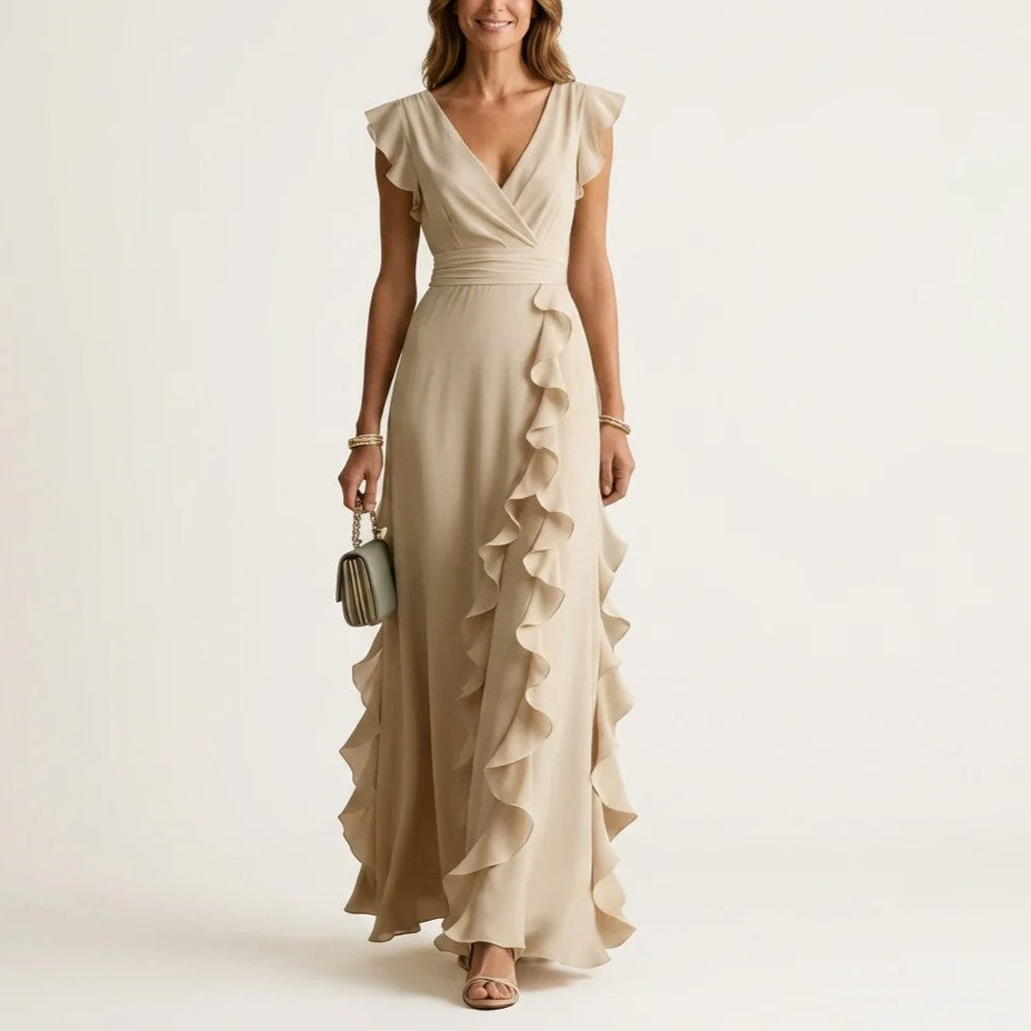 Vivian - Women's Ruffle Wrap V-Neck Maxi Dress