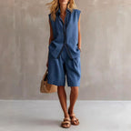 Vivienne - Women’s Linen Sleeveless Shirt & Shorts Set