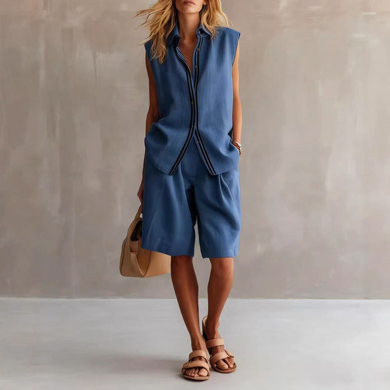 Vivienne - Women’s Linen Sleeveless Shirt & Shorts Set