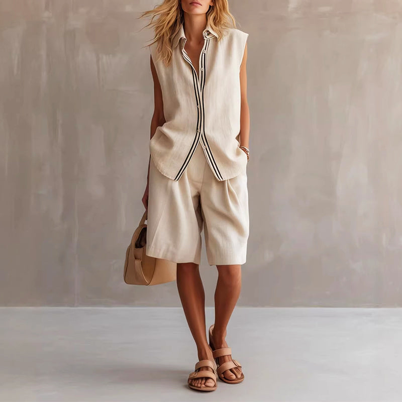 Vivienne - Women’s Linen Sleeveless Shirt & Shorts Set
