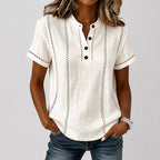 Zoey - Women’s Button Neck Contrast Stitch Blouse