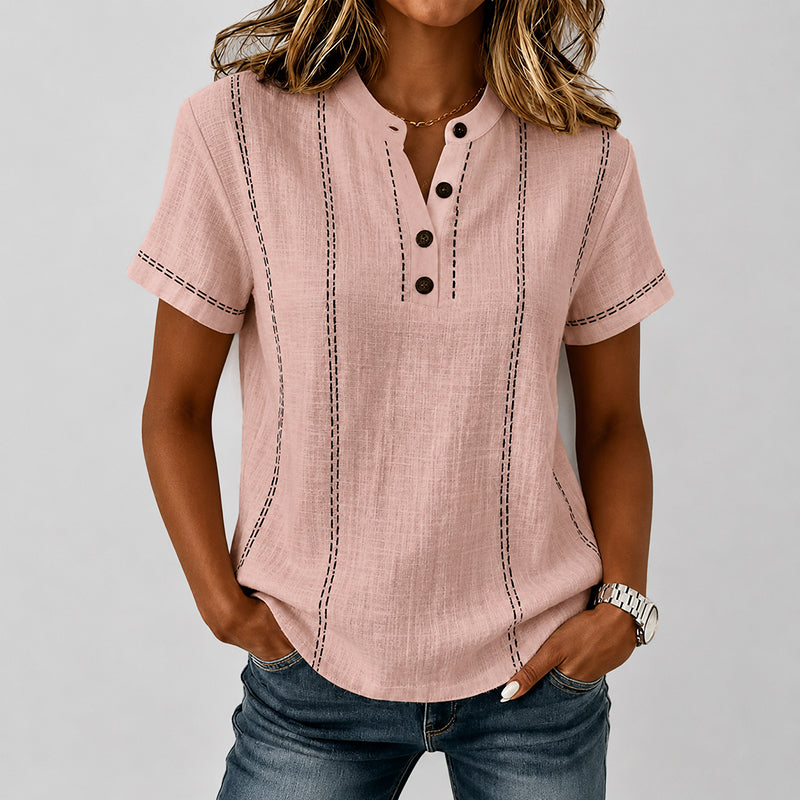 Zoey - Women’s Button Neck Contrast Stitch Blouse