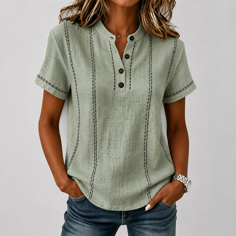 Zoey - Women’s Button Neck Contrast Stitch Blouse
