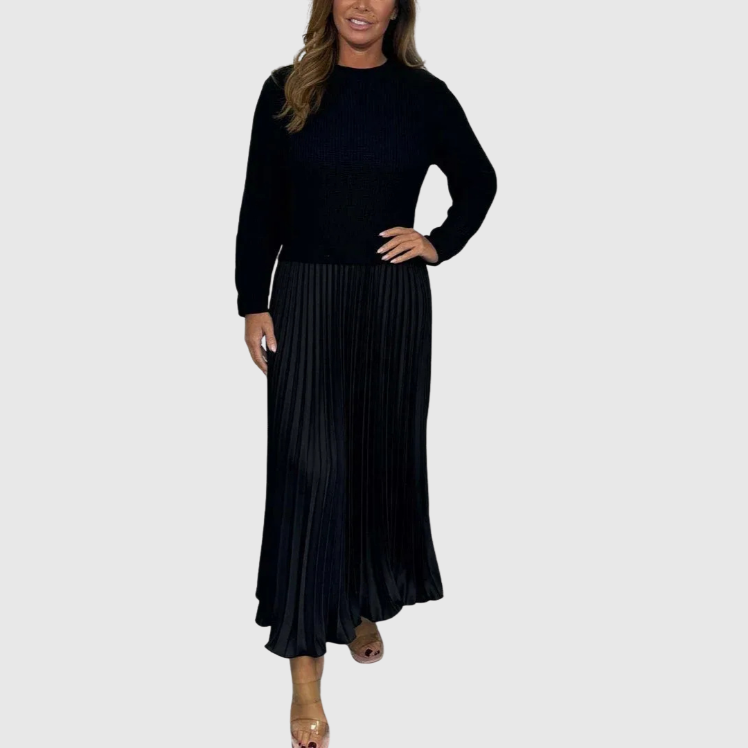 Adalyn - Women's Long Sleeve Knit Top Pleated Maxi Dress